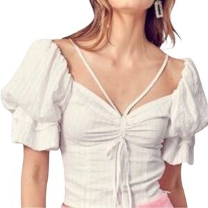 Boho Ruffled Sleeve Gathered Smocked Crop Top White SZ S Native daughters